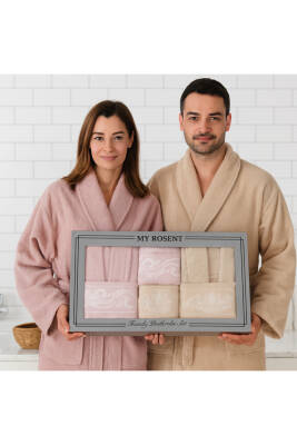 537 Yıldız Desen Aile Bornoz Takımı (Krem-Gri)