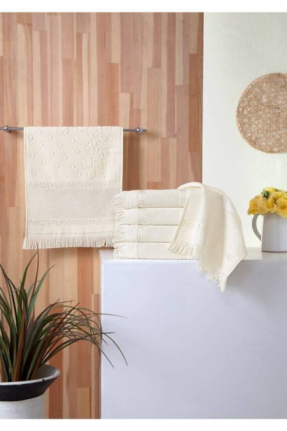 6 Adet 50 X 90 Soft Etamın Jakarlı Sacaklı Krem Renk El Yüz Havlusu Kanavice Işlemelik Havlu (KREM) - 3