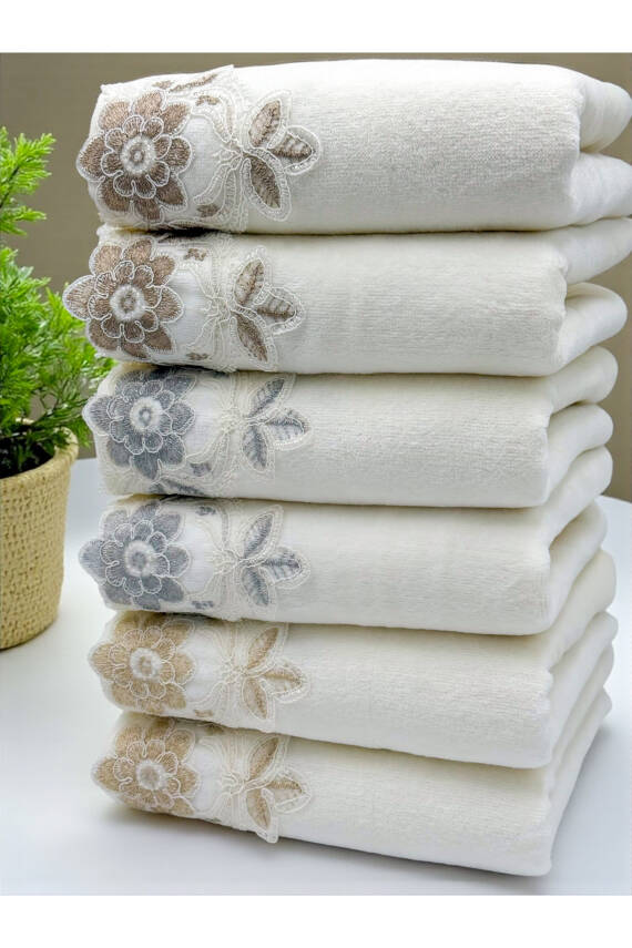 6 Adet Kadife Lüks Fransız Güpürlü Çeyizlik 50x90 El ve Yüz Havlusu (Ekru) - 1