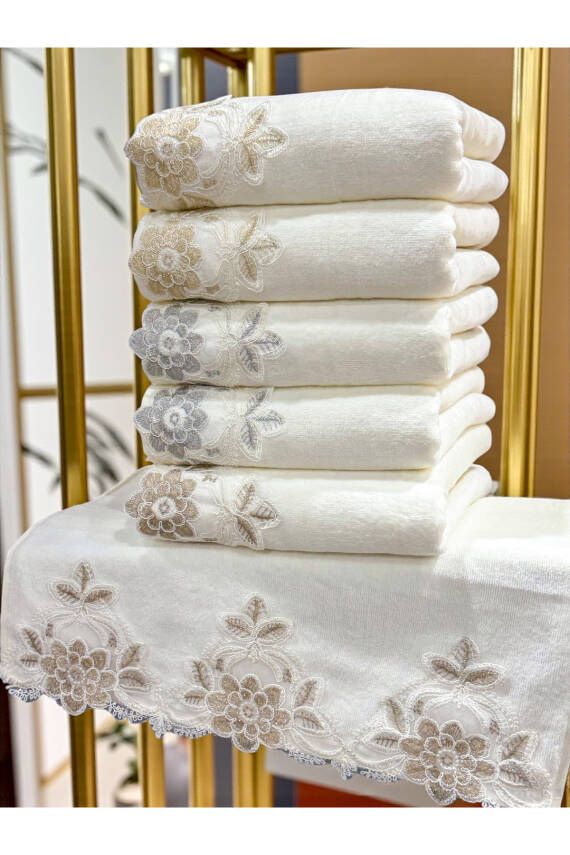 6 Adet Kadife Lüks Fransız Güpürlü Çeyizlik 50x90 El ve Yüz Havlusu (Ekru) - 2