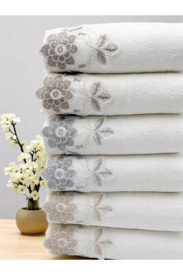 6 Adet Kadife Lüks Fransız Güpürlü Çeyizlik 50x90 El ve Yüz Havlusu (Ekru) - 3