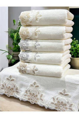 6 Adet Kadife Lüks Fransız Güpürlü Çeyizlik 50x90 El ve Yüz Havlusu (Ekru) - 4