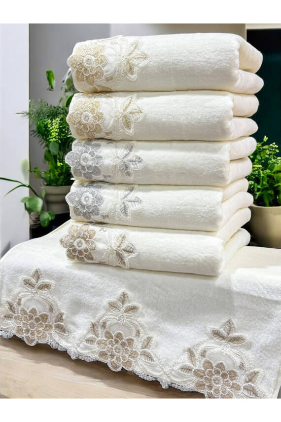 6 Adet Kadife Lüks Fransız Güpürlü Çeyizlik 50x90 El ve Yüz Havlusu (Ekru) - 4