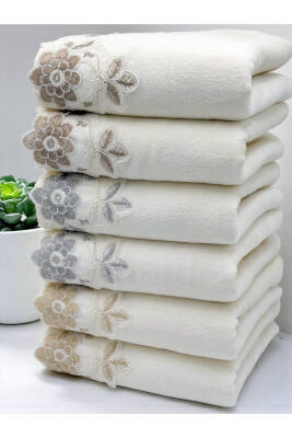 6 Adet Kadife Lüks Fransız Güpürlü Çeyizlik 50x90 El ve Yüz Havlusu (Ekru) - 5