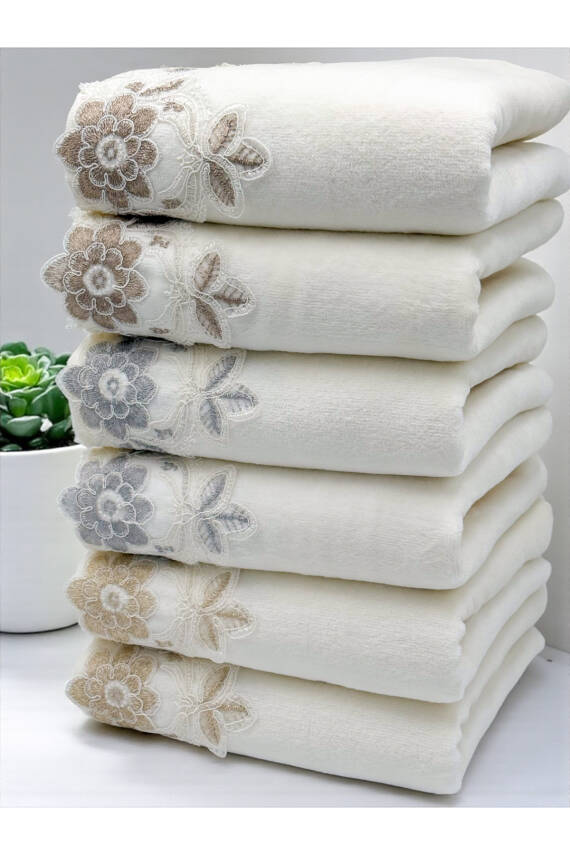 6 Adet Kadife Lüks Fransız Güpürlü Çeyizlik 50x90 El ve Yüz Havlusu (Ekru) - 5
