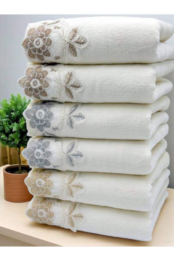 6 Adet Kadife Lüks Fransız Güpürlü Çeyizlik 50x90 El ve Yüz Havlusu (Ekru) - 6