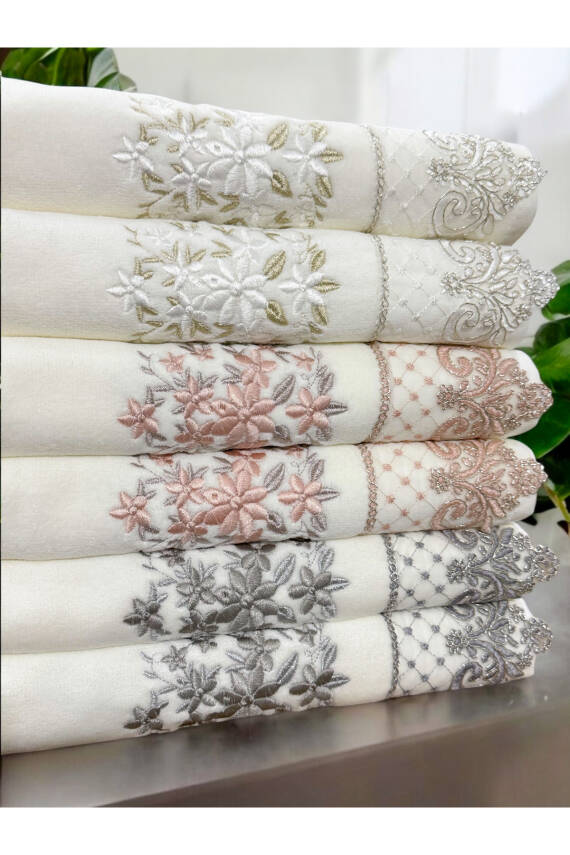 6 LI Kadife Lüks Fransız Güpürlü Sırma İşlemeli Çeyizlik 50x90 El ve Yüz Havlusu (KREM) - 2