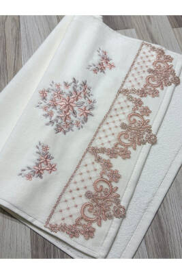 6 LI Kadife Lüks Fransız Güpürlü Sırma İşlemeli Çeyizlik 50x90 El ve Yüz Havlusu (KREM) - 3