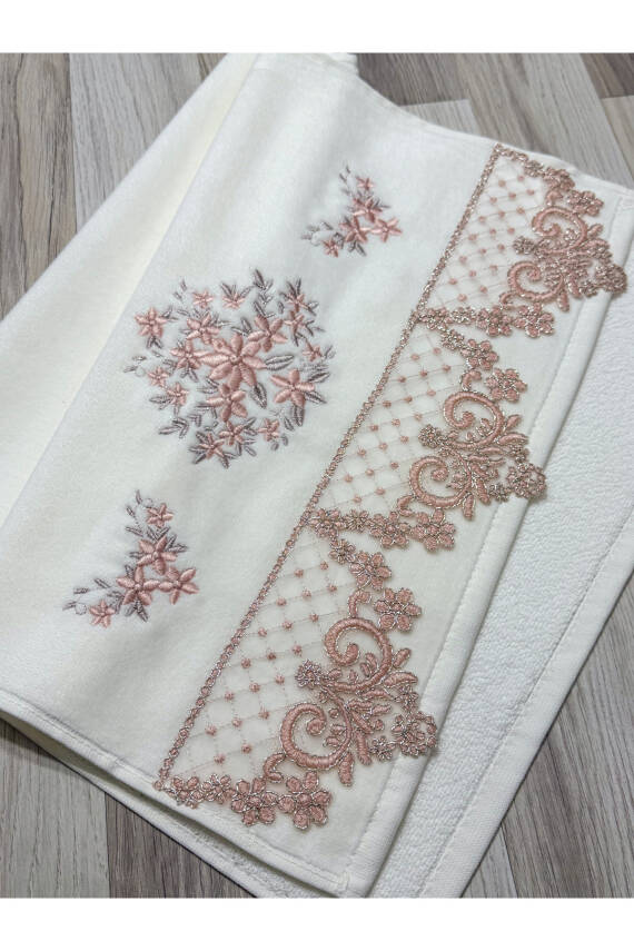 6 LI Kadife Lüks Fransız Güpürlü Sırma İşlemeli Çeyizlik 50x90 El ve Yüz Havlusu (KREM) - 3
