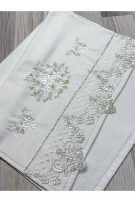 6 LI Kadife Lüks Fransız Güpürlü Sırma İşlemeli Çeyizlik 50x90 El ve Yüz Havlusu (KREM) - 5