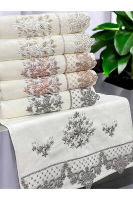 6 LI Kadife Lüks Fransız Güpürlü Sırma İşlemeli Çeyizlik 50x90 El ve Yüz Havlusu (KREM) - 6