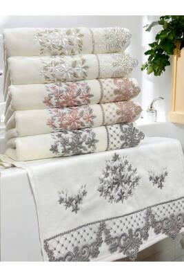 6 LI Kadife Lüks Fransız Güpürlü Sırma İşlemeli Çeyizlik 50x90 El ve Yüz Havlusu (KREM) - 7