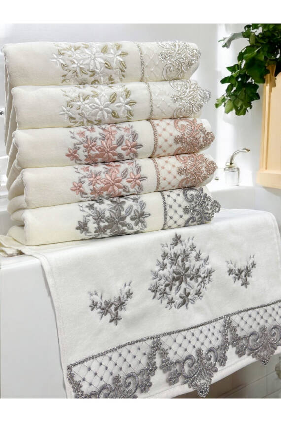 6 LI Kadife Lüks Fransız Güpürlü Sırma İşlemeli Çeyizlik 50x90 El ve Yüz Havlusu (KREM) - 7