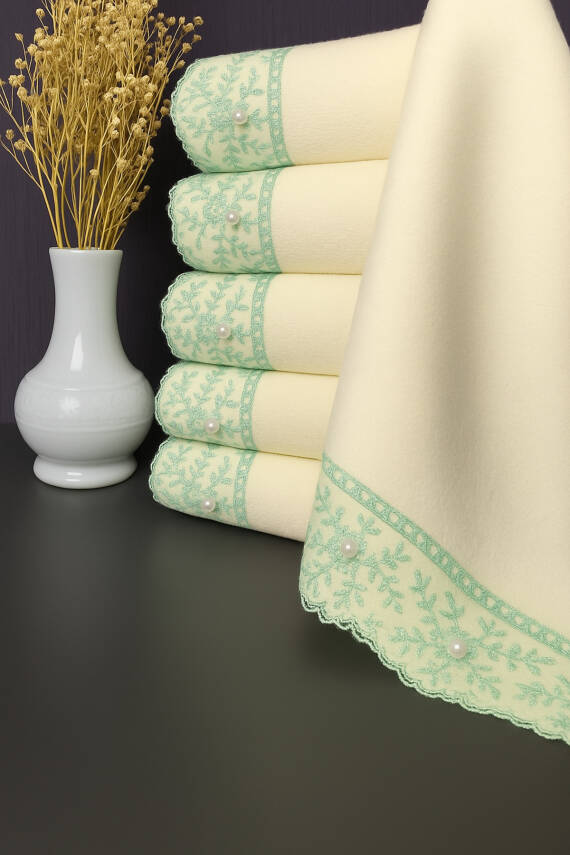 6'lı %100 Pamuklu Kadife Dantelli Güpürlü Fiyonklu Çeyizlik 30x50 Mutfak Havlusu (Krem*Mavi) - 1