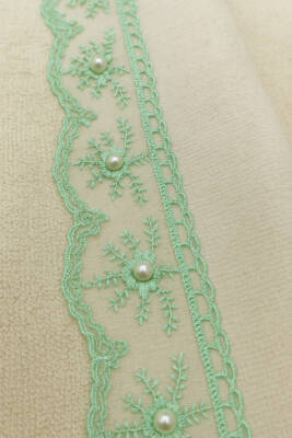 6'lı %100 Pamuklu Kadife Dantelli Güpürlü Fiyonklu Çeyizlik 30x50 Mutfak Havlusu (Krem*Mavi) - 2