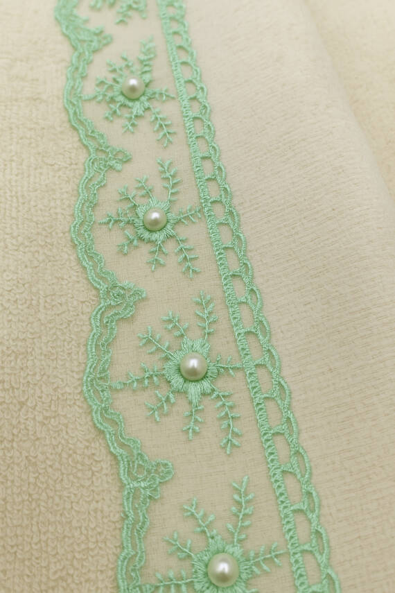 6'lı %100 Pamuklu Kadife Dantelli Güpürlü Fiyonklu Çeyizlik 30x50 Mutfak Havlusu (Krem*Mavi) - 2