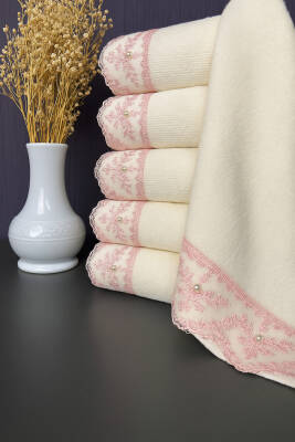 6'lı %100 Pamuklu Kadife Dantelli Güpürlü Fiyonklu Çeyizlik 30x50 Mutfak Havlusu (Pudra)