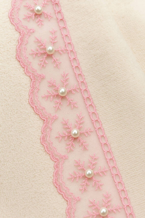 6'lı %100 Pamuklu Kadife Dantelli Güpürlü Fiyonklu Çeyizlik 30x50 Mutfak Havlusu (Pudra) - 2