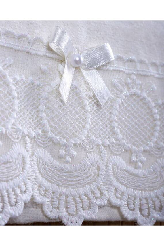 6'lı %100 Pamuklu Kadife Dantelli Güpürlü Fiyonklu Çeyizlik 30x50 Mutfak Havlusu (Krem*Pudra) - 3