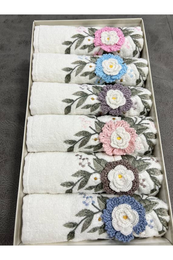 6'lı 3d El İşleme Çiçek Buket Desenli Kutulu Çeyizlik 30x50 Mutfak Havlu Seti (KREM) - 5