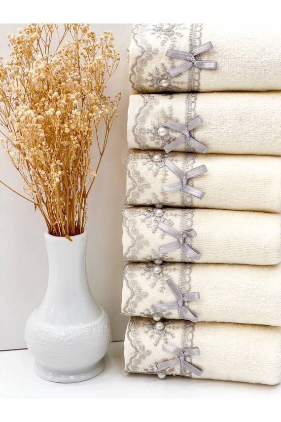 6'lı Güpürlü Fiyonklu Kadife 30x50 Mutfak Havlusu (GRİ) - 2