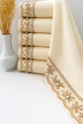 6'lı Güpürlü Fiyonklu Kadife 30x50 Mutfak Havlusu (Bej) 