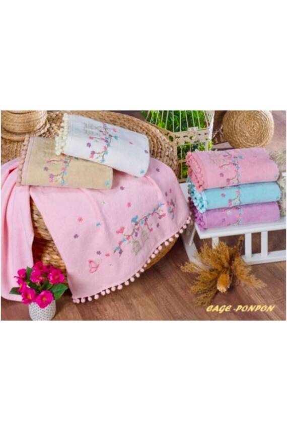 6’lı Kadife Ponponlu Kafes Nakışlı 30x50 Çeyizlik Mutfak Havlu Seti (ASORTİ) - 2