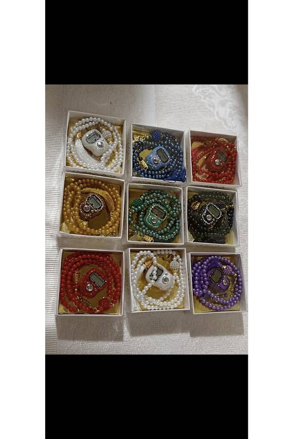 9 Adet Hediyelik Kutulu Tesbih ve Taşlı Zincir İşlemeli Zikirmatik Setimiz (Karışık renkler) - 1