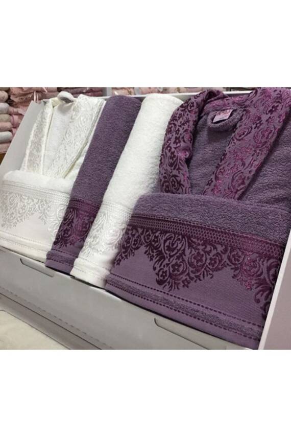 Aile Bornoz Seti 6 Parça Kutulu (MÜRDÜM*KREM) - 1