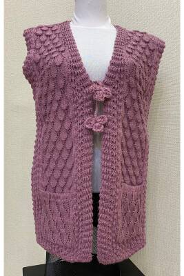 Angora Simli Örgü Kadın Yeleği (GÜL KURUSU)