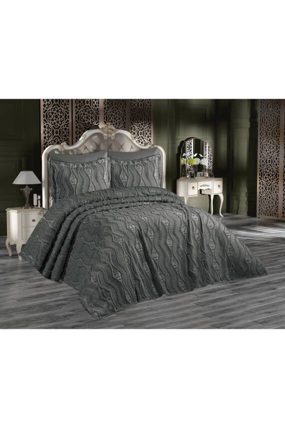 Bohem Püsküllü Kutulu Çift Kişilik Yatak Örtüsü Takımı (Antrasit) - 1