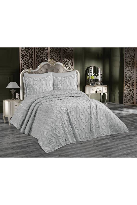 Bohem Püsküllü Kutulu Tek Kişilik Yatak Örtüsü (Gri) - 1