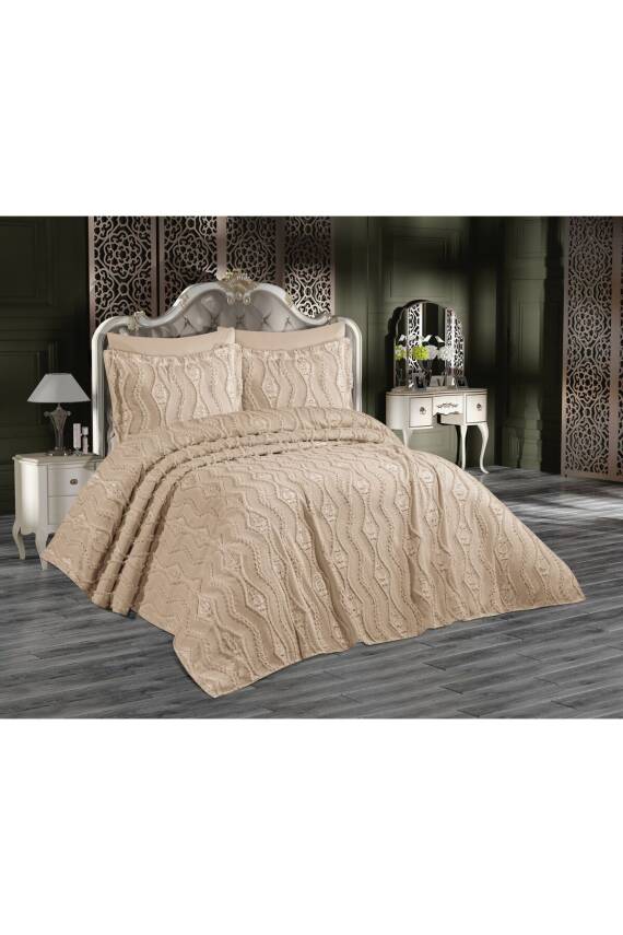 Bohem Püsküllü Kutulu Tek Kişilik Yatak Örtüsü (Bej) - 1