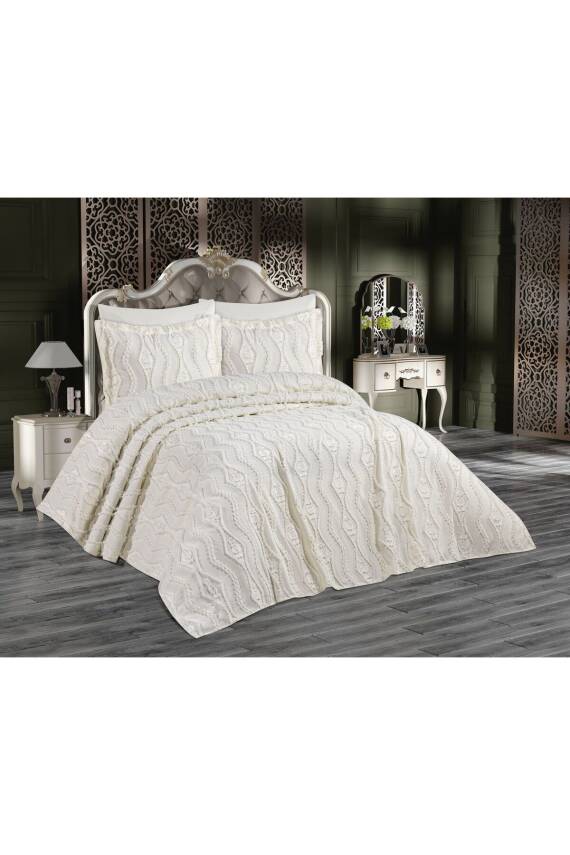 Bohem Püsküllü Kutulu Tek Kişilik Yatak Örtüsü (Ekru) - 1