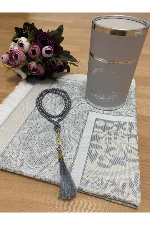 Çeyizlik Hediyelik Kutulu Gümüş Seccade Seti Lüks Tafta Seccade İnci Tesbih (Gri) - 1