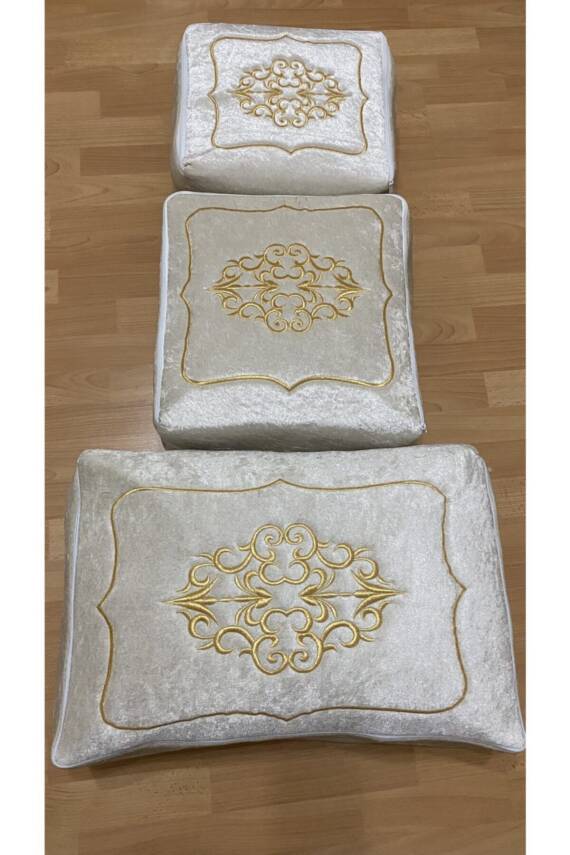 Çeyizlik Kadife Gold Işlemeli 3'lü Cappuccino Bohça Nişan Gelin Damat Hurcu (Kahverengi) - 1