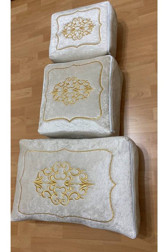 Çeyizlik Kadife Gold Işlemeli 3'lü Cappuccino Bohça Nişan Gelin Damat Hurcu (Kahverengi) - 2