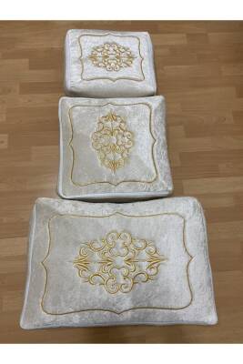 Çeyizlik Kadife Gold Işlemeli 3'lü Cappuccino Bohça Nişan Gelin Damat Hurcu (Kahverengi) - 3