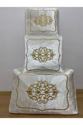 Çeyizlik Kadife Gold Işlemeli 3’lü Krem Bohça Nişan Gelin Damat Hurcu (Bej) - 2