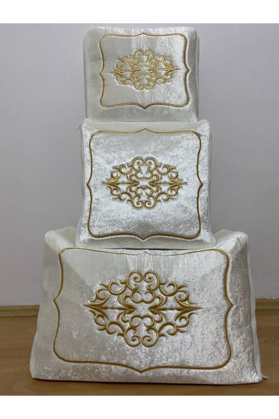 Çeyizlik Kadife Gold Işlemeli 3’lü Krem Bohça Nişan Gelin Damat Hurcu (Bej) - 2