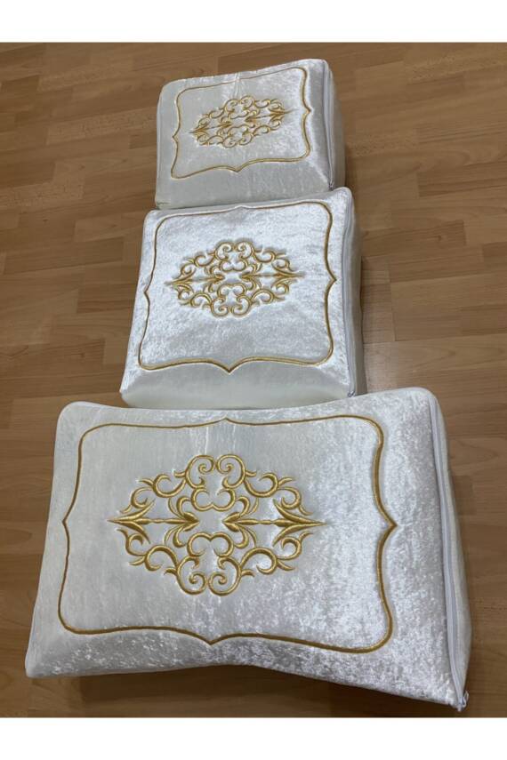 Çeyizlik Kadife Gold Işlemeli 3’lü Krem Bohça Nişan Gelin Damat Hurcu (Bej) - 3