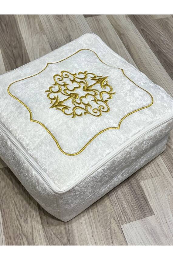 Çeyizlik Kadife Gold Işlemeli Krem Bohça 40x35 Cm Nişan Gelin Damat Hurcu (Bej) - 1