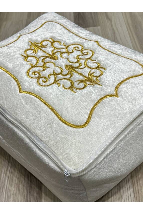 Çeyizlik Kadife Gold Işlemeli Krem Bohça 40x35 Cm Nişan Gelin Damat Hurcu (Bej) - 3