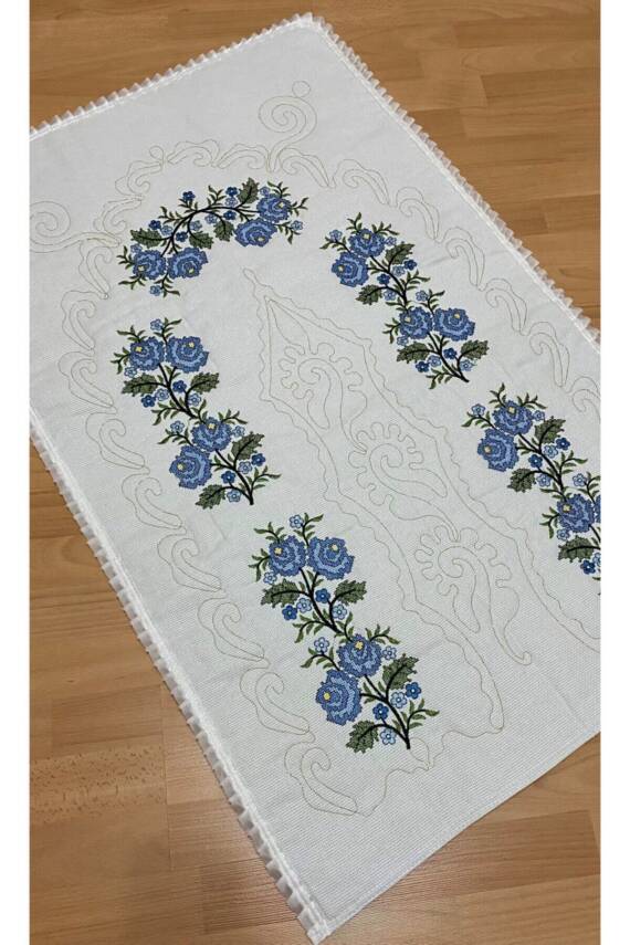 Çeyizlik Kaneviçe Etamin Işleme Nakışlı %100 Pamuk Keten Krem*mavi Seccade (MAVİ-KREM) - 1