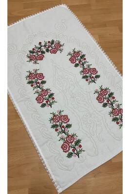 Çeyizlik Kaneviçe Etamin Işleme Nakışlı %100 Pamuk Keten Seccade Krem*kırmızı (KIRMIZI*KREM)