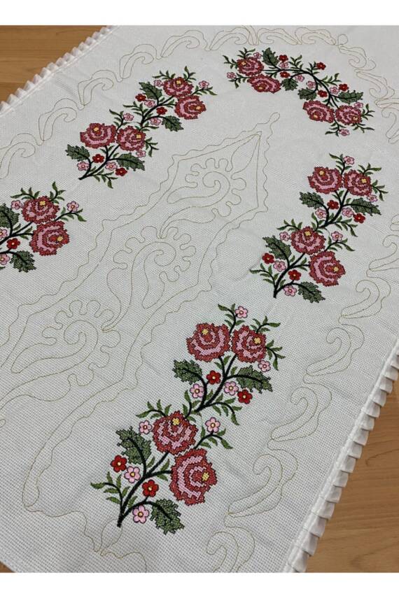 Çeyizlik Kaneviçe Etamin Işleme Nakışlı %100 Pamuk Keten Seccade Krem*kırmızı (KIRMIZI*KREM) - 3