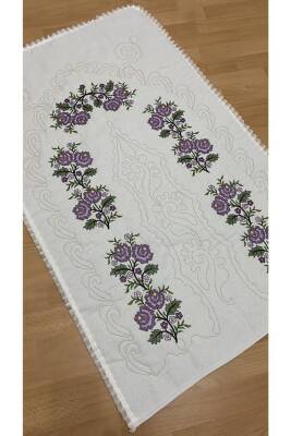 Çeyizlik Kaneviçe Etamin Işleme Nakışlı %100 Pamuk Keten Seccade Krem*lila (LİLA*KREM) 