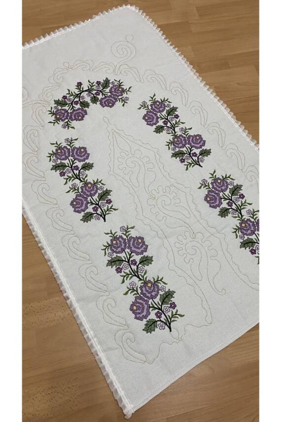 Çeyizlik Kaneviçe Etamin Işleme Nakışlı %100 Pamuk Keten Seccade Krem*lila (LİLA*KREM) - 1