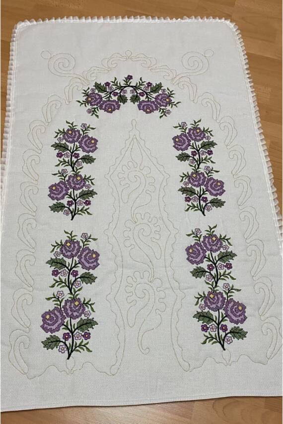 Çeyizlik Kaneviçe Etamin Işleme Nakışlı %100 Pamuk Keten Seccade Krem*lila (LİLA*KREM) - 2
