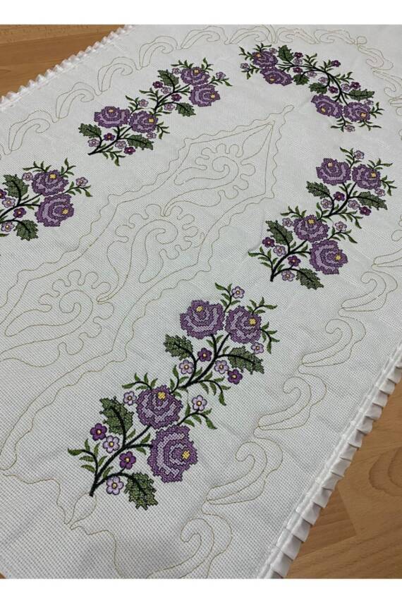 Çeyizlik Kaneviçe Etamin Işleme Nakışlı %100 Pamuk Keten Seccade Krem*lila (LİLA*KREM) - 3